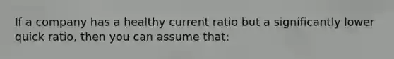 If a company has a healthy current ratio but a significantly lower quick ratio, then you can assume that: