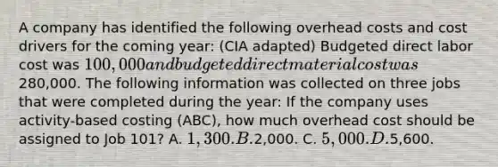 A company has identified the following overhead costs and cost drivers for the coming year: (CIA adapted) Budgeted direct labor cost was 100,000 and budgeted direct material cost was280,000. The following information was collected on three jobs that were completed during the year: If the company uses activity-based costing (ABC), how much overhead cost should be assigned to Job 101? A. 1,300. B.2,000. C. 5,000. D.5,600.