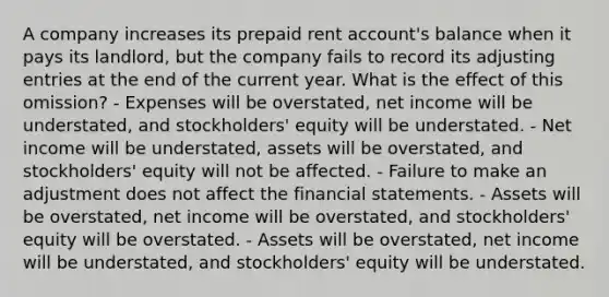 A company increases its prepaid rent account's balance when it pays its landlord, but the company fails to record its adjusting entries at the end of the current year. What is the effect of this omission? - Expenses will be overstated, net income will be understated, and stockholders' equity will be understated. - Net income will be understated, assets will be overstated, and stockholders' equity will not be affected. - Failure to make an adjustment does not affect the financial statements. - Assets will be overstated, net income will be overstated, and stockholders' equity will be overstated. - Assets will be overstated, net income will be understated, and stockholders' equity will be understated.