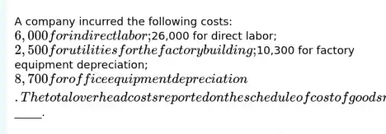 A company incurred the following costs: 6,000 for indirect labor;26,000 for direct labor; 2,500 for utilities for the factory building;10,300 for factory equipment depreciation; 8,700 for office equipment depreciation. The total overhead costs reported on the schedule of cost of goods manufactured is_____.