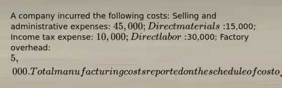 A company incurred the following costs: Selling and administrative expenses: 45,000; Direct materials:15,000; Income tax expense: 10,000; Direct labor:30,000; Factory overhead: 5,000. Total manufacturing costs reported on the schedule of cost of goods manufactured are