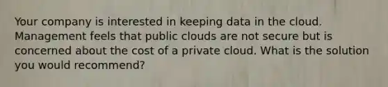 Your company is interested in keeping data in the cloud. Management feels that public clouds are not secure but is concerned about the cost of a private cloud. What is the solution you would recommend?