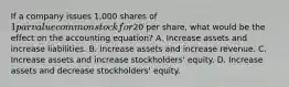 If a company issues 1,000 shares of 1 par value common stock for20 per share, what would be the effect on the accounting equation? A. Increase assets and increase liabilities. B. Increase assets and increase revenue. C. Increase assets and increase stockholders' equity. D. Increase assets and decrease stockholders' equity.