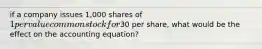 if a company issues 1,000 shares of 1 per value common stock for30 per share, what would be the effect on the accounting equation?