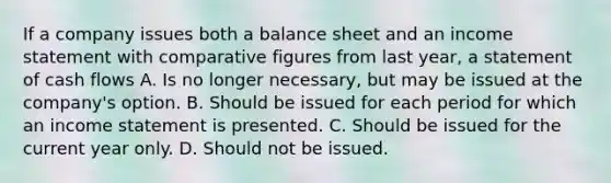 If a company issues both a balance sheet and an income statement with comparative figures from last year, a statement of cash flows A. Is no longer necessary, but may be issued at the company's option. B. Should be issued for each period for which an income statement is presented. C. Should be issued for the current year only. D. Should not be issued.