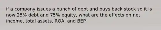 if a company issues a bunch of debt and buys back stock so it is now 25% debt and 75% equity, what are the effects on net income, total assets, ROA, and BEP