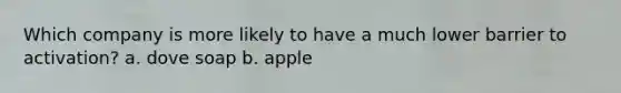 Which company is more likely to have a much lower barrier to activation? a. dove soap b. apple