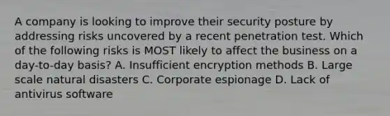 A company is looking to improve their security posture by addressing risks uncovered by a recent penetration test. Which of the following risks is MOST likely to affect the business on a day-to-day basis? A. Insufficient encryption methods B. Large scale natural disasters C. Corporate espionage D. Lack of antivirus software