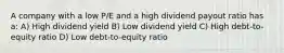 A company with a low P/E and a high dividend payout ratio has a: A) High dividend yield B) Low dividend yield C) High debt-to-equity ratio D) Low debt-to-equity ratio