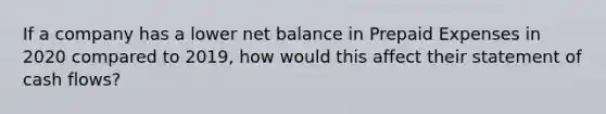 If a company has a lower net balance in Prepaid Expenses in 2020 compared to 2019, how would this affect their statement of cash flows?