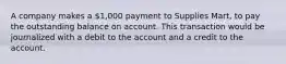 A company makes a 1,000 payment to Supplies Mart, to pay the outstanding balance on account. This transaction would be journalized with a debit to the account and a credit to the account.