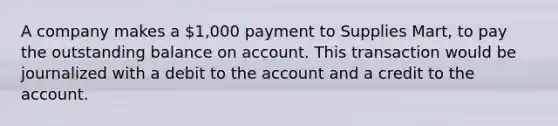 A company makes a 1,000 payment to Supplies Mart, to pay the outstanding balance on account. This transaction would be journalized with a debit to the account and a credit to the account.