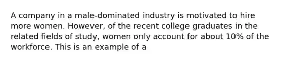 A company in a male-dominated industry is motivated to hire more women. However, of the recent college graduates in the related fields of study, women only account for about 10% of the workforce. This is an example of a