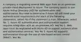 A company is migrating several Web apps from an on-premises private cloud deployment to Azure. The company wants to use Azure Active Directory (AD) for authentication and authorization.You need to determine if Azure AD will meet your authentication requirements.For each of the following statements, select Yes if the statement is true. Otherwise, select No. 1. Azure AD authentication and authorization support requires integration with an on-premises AD. Yes/ No 2. Web apps must be registered with Azure AD to support authentication and authorization services. Yes/ No 3. Azure AD supports authorization through the use of role-based access control (RBAC). Yes/ No