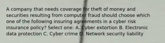 A company that needs coverage for theft of money and securities resulting from computer fraud should choose which one of the following insuring agreements in a cyber risk insurance policy? Select one: A. Cyber extortion B. Electronic data protection C. Cyber crime D. Network security liability