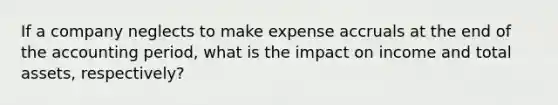 If a company neglects to make expense accruals at the end of the accounting period, what is the impact on income and total assets, respectively?