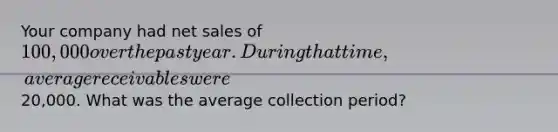 Your company had net sales of 100,000 over the past year. During that time, average receivables were20,000. What was the average collection period?