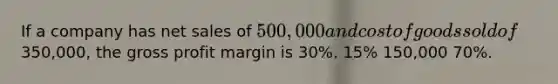 If a company has <a href='https://www.questionai.com/knowledge/ksNDOTmr42-net-sales' class='anchor-knowledge'>net sales</a> of 500,000 and cost of goods sold of350,000, the <a href='https://www.questionai.com/knowledge/klIB6Lsdwh-gross-profit' class='anchor-knowledge'>gross profit</a> margin is 30%. 15% 150,000 70%.