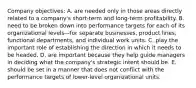 Company objectives: A. are needed only in those areas directly related to a company's short-term and long-term profitability. B. need to be broken down into performance targets for each of its organizational levels—for separate businesses, product lines, functional departments, and individual work units. C. play the important role of establishing the direction in which it needs to be headed. D. are important because they help guide managers in deciding what the company's strategic intent should be. E. should be set in a manner that does not conflict with the performance targets of lower-level organizational units.