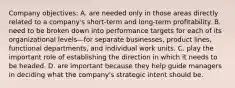 Company objectives: A. are needed only in those areas directly related to a company's short-term and long-term profitability. B. need to be broken down into performance targets for each of its organizational levels—for separate businesses, product lines, functional departments, and individual work units. C. play the important role of establishing the direction in which it needs to be headed. D. are important because they help guide managers in deciding what the company's strategic intent should be.