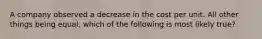 A company observed a decrease in the cost per unit. All other things being equal, which of the following is most likely true?
