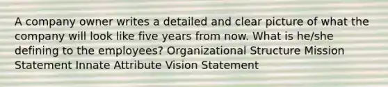 A company owner writes a detailed and clear picture of what the company will look like five years from now. What is he/she defining to the employees? Organizational Structure Mission Statement Innate Attribute Vision Statement