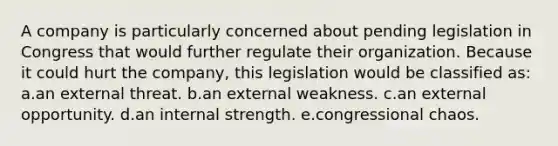 A company is particularly concerned about pending legislation in Congress that would further regulate their organization. Because it could hurt the company, this legislation would be classified as: a.an external threat. b.an external weakness. c.an external opportunity. d.an internal strength. e.congressional chaos.