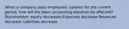 When a company pays employees' salaries for the current period, how will the basic accounting equation be affected? Stockholders' equity decreases Expenses decrease Revenues decrease Liabilities decrease