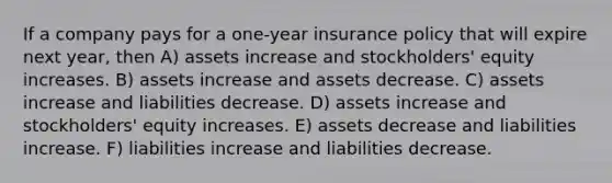 If a company pays for a one-year insurance policy that will expire next year, then A) assets increase and stockholders' equity increases. B) assets increase and assets decrease. C) assets increase and liabilities decrease. D) assets increase and stockholders' equity increases. E) assets decrease and liabilities increase. F) liabilities increase and liabilities decrease.