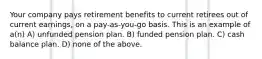 Your company pays retirement benefits to current retirees out of current earnings, on a pay-as-you-go basis. This is an example of a(n) A) unfunded pension plan. B) funded pension plan. C) cash balance plan. D) none of the above.