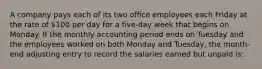 A company pays each of its two office employees each Friday at the rate of 100 per day for a five-day week that begins on Monday. If the monthly accounting period ends on Tuesday and the employees worked on both Monday and Tuesday, the month-end adjusting entry to record the salaries earned but unpaid is: