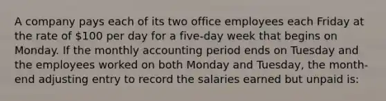 A company pays each of its two office employees each Friday at the rate of 100 per day for a five-day week that begins on Monday. If the monthly accounting period ends on Tuesday and the employees worked on both Monday and Tuesday, the month-end adjusting entry to record the salaries earned but unpaid is: