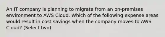 An IT company is planning to migrate from an on-premises environment to AWS Cloud. Which of the following expense areas would result in cost savings when the company moves to AWS Cloud? (Select two)