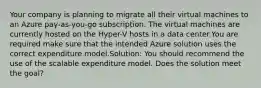 Your company is planning to migrate all their virtual machines to an Azure pay-as-you-go subscription. The virtual machines are currently hosted on the Hyper-V hosts in a data center.You are required make sure that the intended Azure solution uses the correct expenditure model.Solution: You should recommend the use of the scalable expenditure model. Does the solution meet the goal?