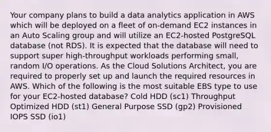 Your company plans to build a data analytics application in AWS which will be deployed on a fleet of on-demand EC2 instances in an Auto Scaling group and will utilize an EC2-hosted PostgreSQL database (not RDS). It is expected that the database will need to support super high-throughput workloads performing small, random I/O operations. As the Cloud Solutions Architect, you are required to properly set up and launch the required resources in AWS. Which of the following is the most suitable EBS type to use for your EC2-hosted database? Cold HDD (sc1) Throughput Optimized HDD (st1) General Purpose SSD (gp2) Provisioned IOPS SSD (io1)