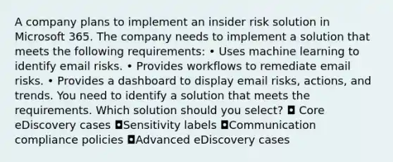 A company plans to implement an insider risk solution in Microsoft 365. The company needs to implement a solution that meets the following requirements: • Uses machine learning to identify email risks. • Provides workflows to remediate email risks. • Provides a dashboard to display email risks, actions, and trends. You need to identify a solution that meets the requirements. Which solution should you select? ◘ Core eDiscovery cases ◘Sensitivity labels ◘Communication compliance policies ◘Advanced eDiscovery cases