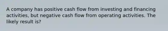 A company has positive cash flow from investing and financing activities, but negative cash flow from operating activities. The likely result is?