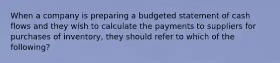 When a company is preparing a budgeted statement of cash flows and they wish to calculate the payments to suppliers for purchases of inventory, they should refer to which of the following?