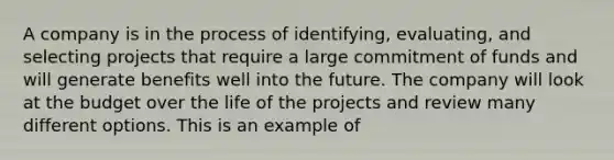 A company is in the process of identifying, evaluating, and selecting projects that require a large commitment of funds and will generate benefits well into the future. The company will look at the budget over the life of the projects and review many different options. This is an example of