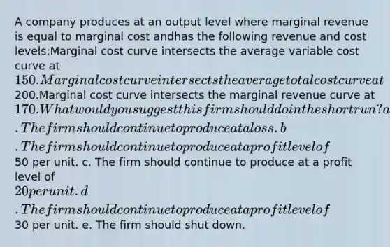 A company produces at an output level where marginal revenue is equal to marginal cost andhas the following revenue and cost levels:Marginal cost curve intersects the average variable cost curve at 150.Marginal cost curve intersects the average total cost curve at200.Marginal cost curve intersects the marginal revenue curve at 170.What would you suggest this firm should do in the short run? a. The firm should continue to produce at a loss. b. The firm should continue to produce at a profit level of50 per unit. c. The firm should continue to produce at a profit level of 20 per unit. d. The firm should continue to produce at a profit level of30 per unit. e. The firm should shut down.