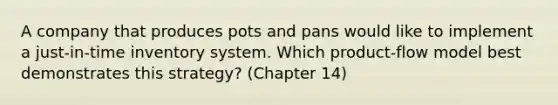 A company that produces pots and pans would like to implement a just-in-time inventory system. Which product-flow model best demonstrates this strategy? (Chapter 14)