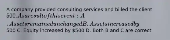 A company provided consulting services and billed the client 500. As a result of this event: A. Assets remained unchanged B. Assets increased by500 C. Equity increased by 500 D. Both B and C are correct