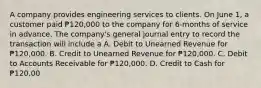 A company provides engineering services to clients. On June 1, a customer paid ₱120,000 to the company for 6-months of service in advance. The company's general journal entry to record the transaction will include a A. Debit to Unearned Revenue for ₱120,000. B. Credit to Unearned Revenue for ₱120,000. C. Debit to Accounts Receivable for ₱120,000. D. Credit to Cash for ₱120,00