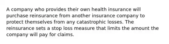 A company who provides their own health insurance will purchase reinsurance from another insurance company to protect themselves from any catastrophic losses. The reinsurance sets a stop loss measure that limits the amount the company will pay for claims.