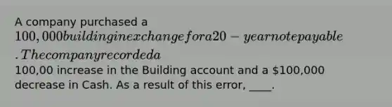 A company purchased a 100,000 building in exchange for a 20-year note payable. The company recorded a100,00 increase in the Building account and a 100,000 decrease in Cash. As a result of this error, ____.