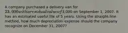 A company purchased a delivery van for 23,000 with a residual value of3,000 on September 1, 2007. It has an estimated useful life of 5 years. Using the straight-line method, how much depreciation expense should the company recognize on December 31, 2007?