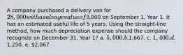 A company purchased a delivery van for 28,000 with a salvage value of3,000 on September 1, Year 1. It has an estimated useful life of 5 years. Using the straight-line method, how much depreciation expense should the company recognize on December 31, Year 1? a. 5,000. b.1,667. c. 1,400. d.1,250. e. 2,067.