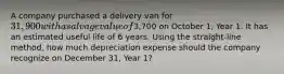 A company purchased a delivery van for 31,900 with a salvage value of3,700 on October 1, Year 1. It has an estimated useful life of 6 years. Using the straight-line method, how much depreciation expense should the company recognize on December 31, Year 1?