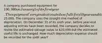 A company purchased equipment for 100,000 on January 1 of its first year. The equipment's original estimated useful life is 10 years and its estimated salvage value is25,000. The company uses the straight-line method of depreciation. On December 31 of its sixth year, before year-end adjusting entries have been recorded, the company decides to revise the estimated salvage value to 20,000 but the estimated useful life is unchanged. How much depreciation expense should be recorded for the sixth year?