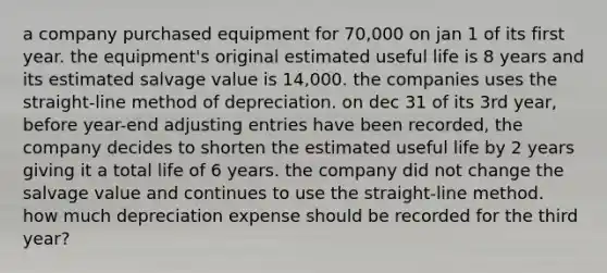 a company purchased equipment for 70,000 on jan 1 of its first year. the equipment's original estimated useful life is 8 years and its estimated salvage value is 14,000. the companies uses the straight-line method of depreciation. on dec 31 of its 3rd year, before year-end adjusting entries have been recorded, the company decides to shorten the estimated useful life by 2 years giving it a total life of 6 years. the company did not change the salvage value and continues to use the straight-line method. how much depreciation expense should be recorded for the third year?